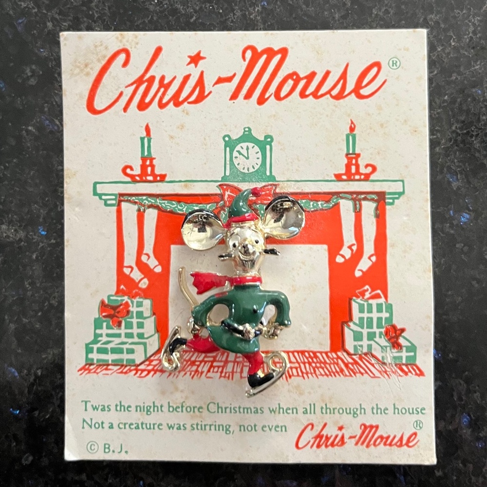 Vintage BJ ice Skating Christmas Mouse Brooch Pin Original Card Chris Mouse